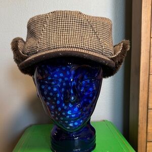 Brown Houndstooth Winter Cap with Faux Fur Trim